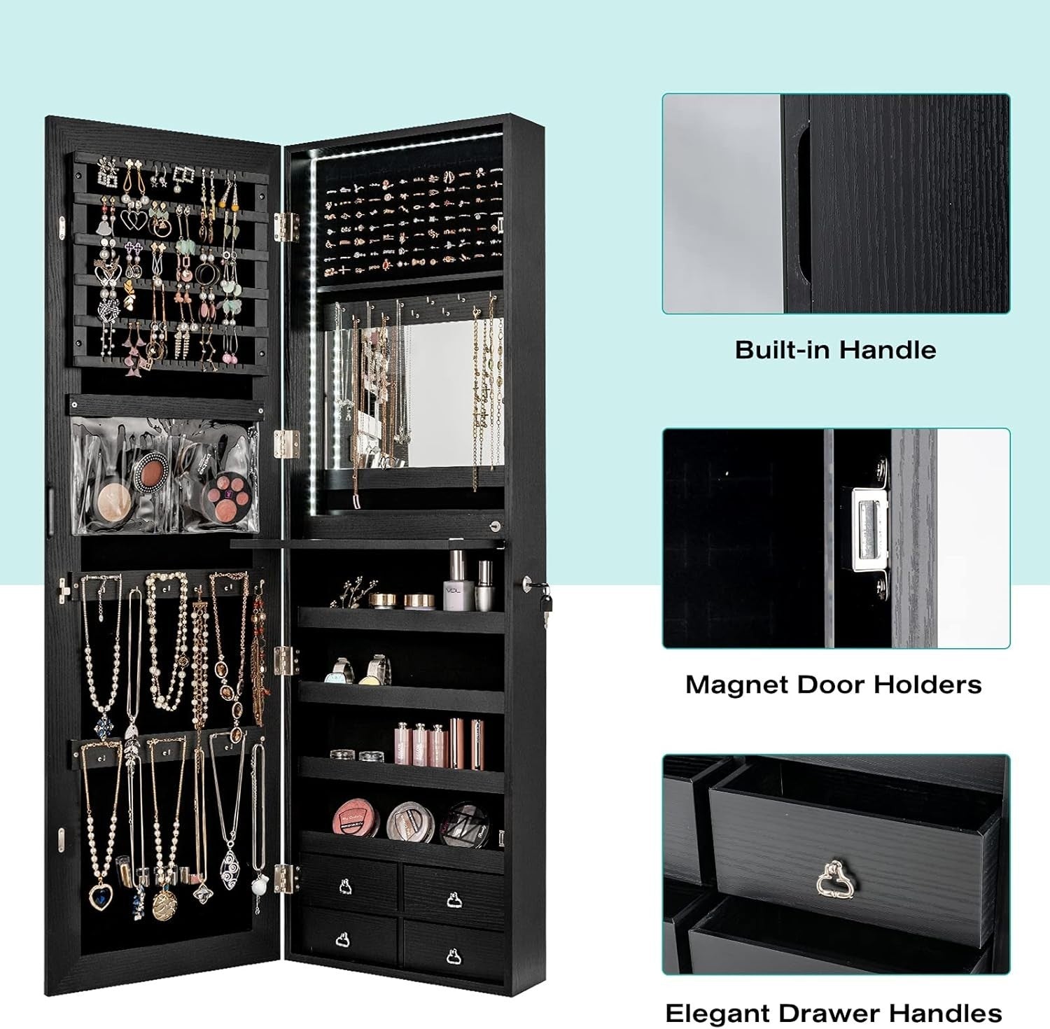 LED Mirror Jewelry Armoire Wall or Door Mount Lockable Makeup Storage