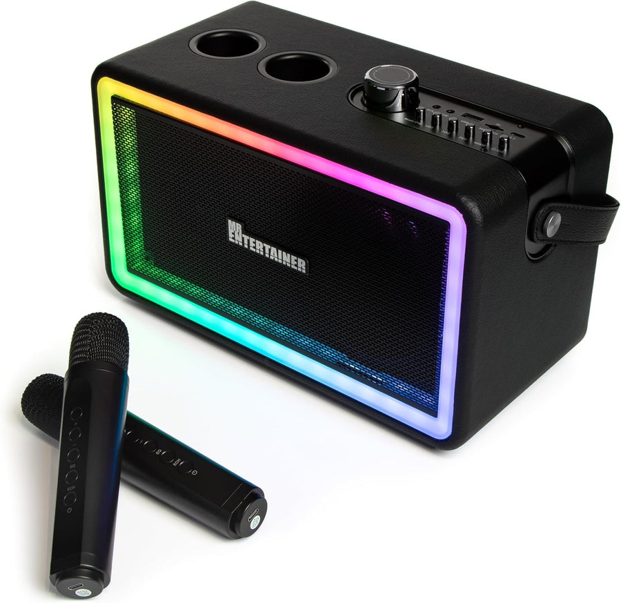 Karaoke Machine Portable Speaker 2 Wireless Mics LED Lights Kids Teens