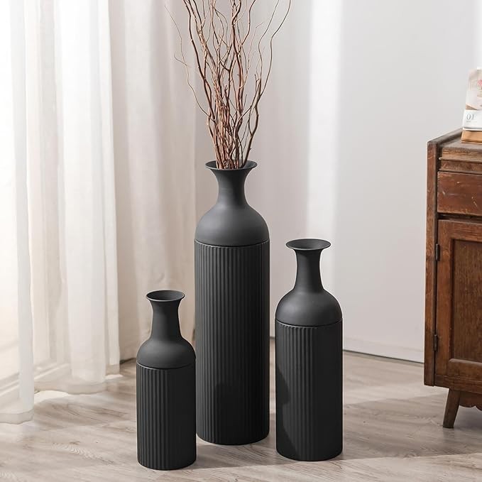 Tall Black Metal Floor Vase Set Ribbed Modern Decor for Pampas Grass