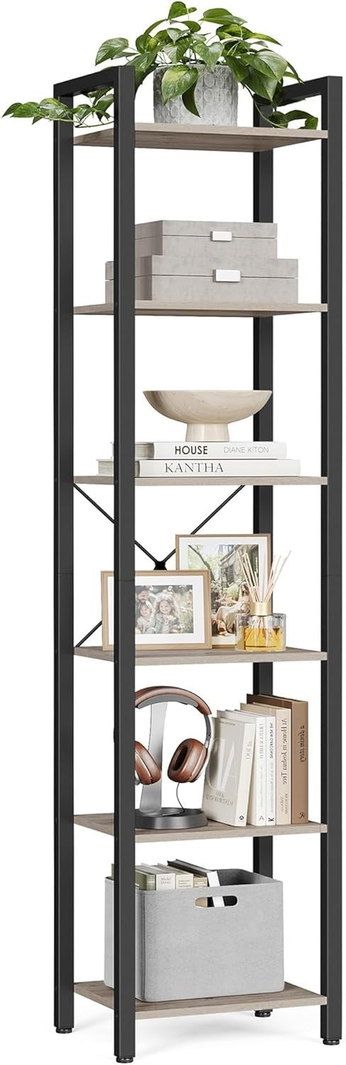 6-Tier Industrial Bookshelf 187.5cm Tall Slim Storage Unit Heather Greige