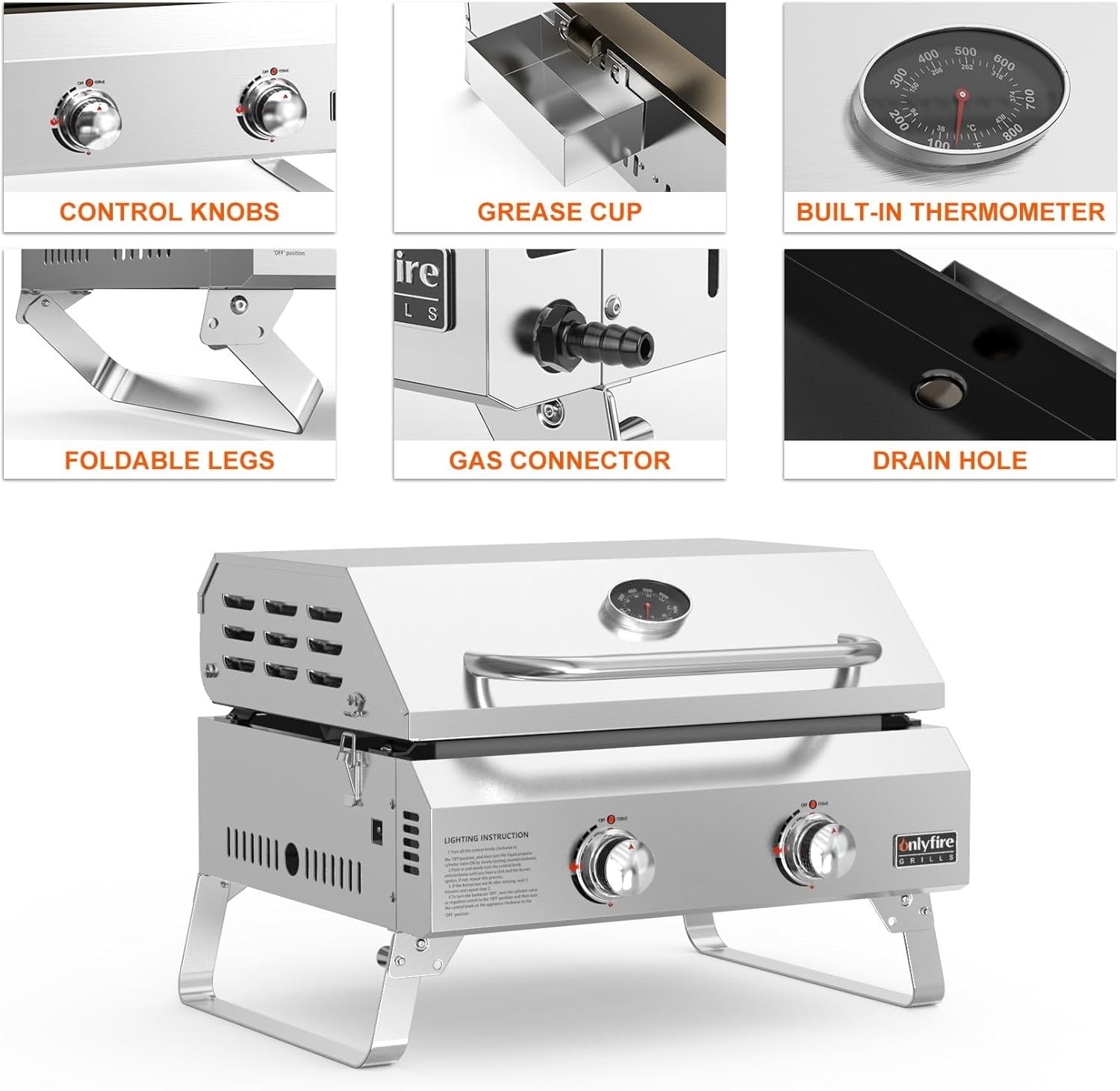 Portable 2 Burner Gas BBQ Plancha Grill with Lid & Thermometer | Tabletop