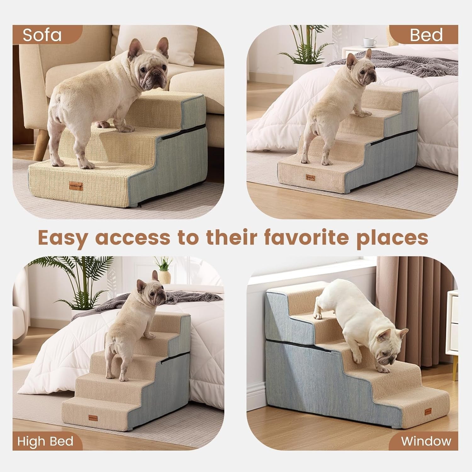 5-Step Extra Wide Dog Stairs for Bed Foam Ramp Non-Slip Grey 58cm H