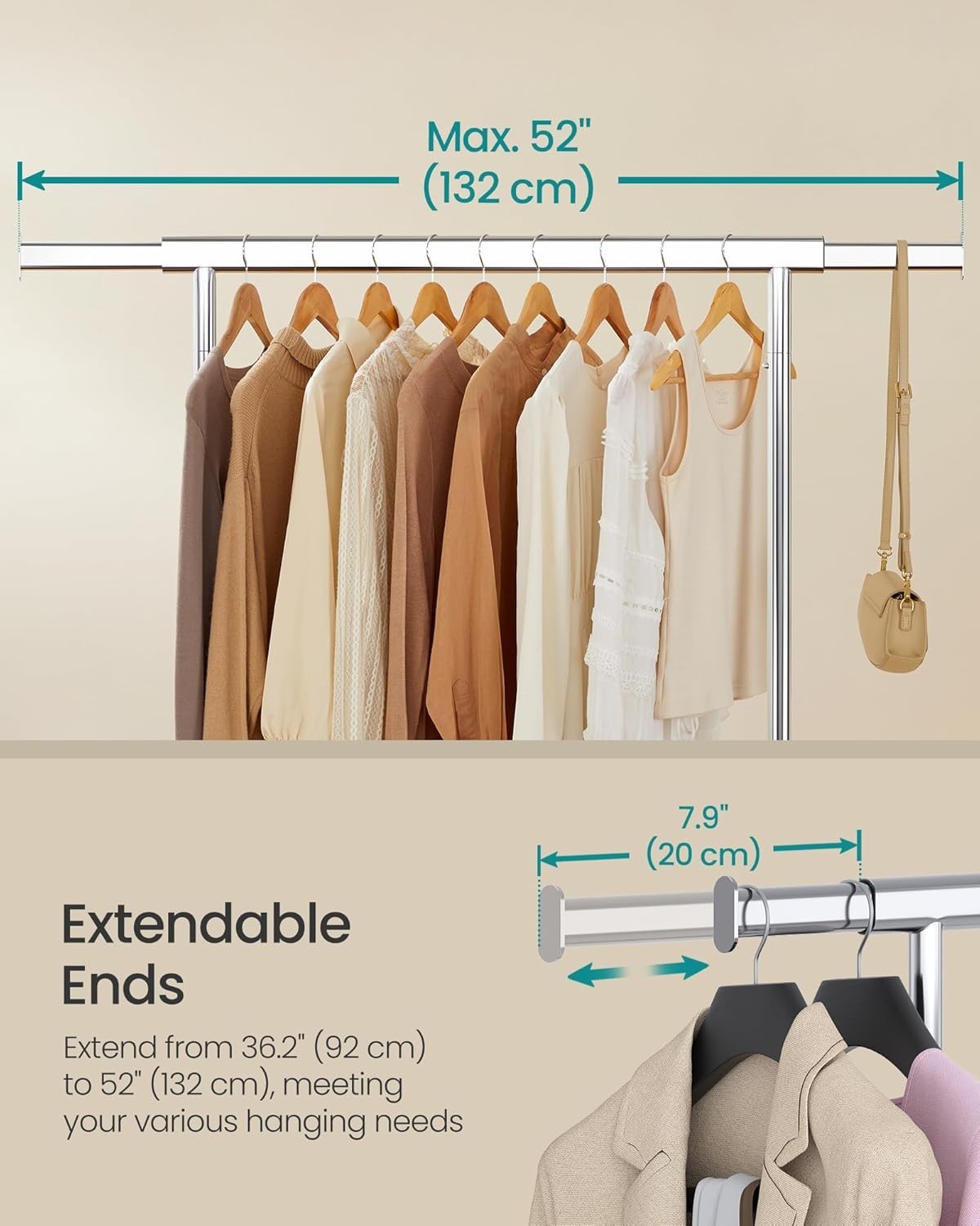 Heavy Duty Clothes Rack 100KG Extendable Rail Silver Wheels