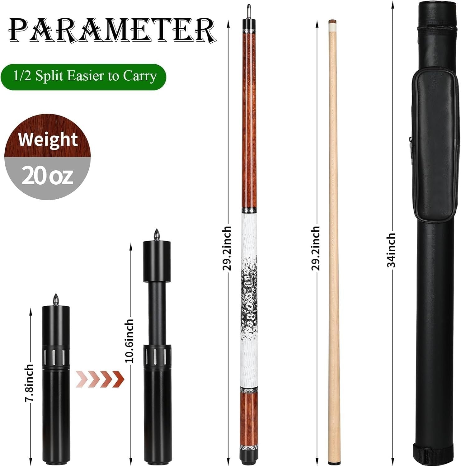 58in Pool Cue 13mm Tip Canadian Maple 20oz With Extension Case & Glove