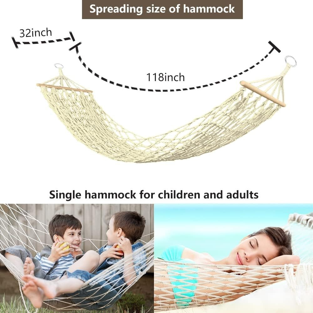 Cotton Rope Hammock with Wood Spreader | Indoor Outdoor Garden Swing