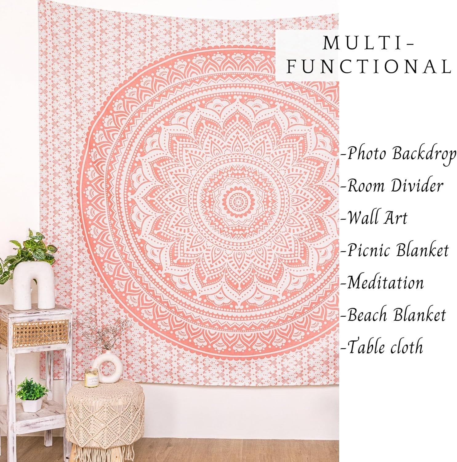 Rose Gold Mandala Tapestry 84x54in Boho Wall Hanging Cotton Decor