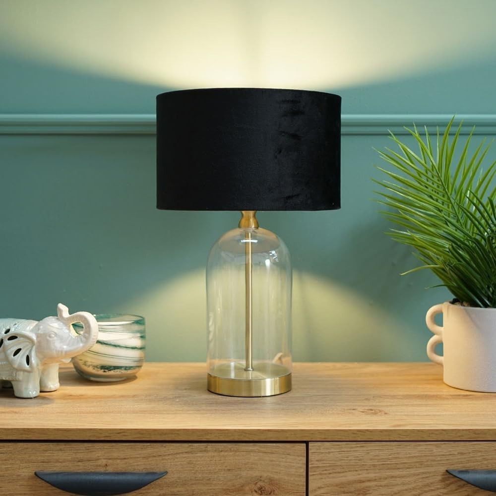 Gold Glass Table Lamp Black Velvet Shade Bedside Desk Light Bulb Included