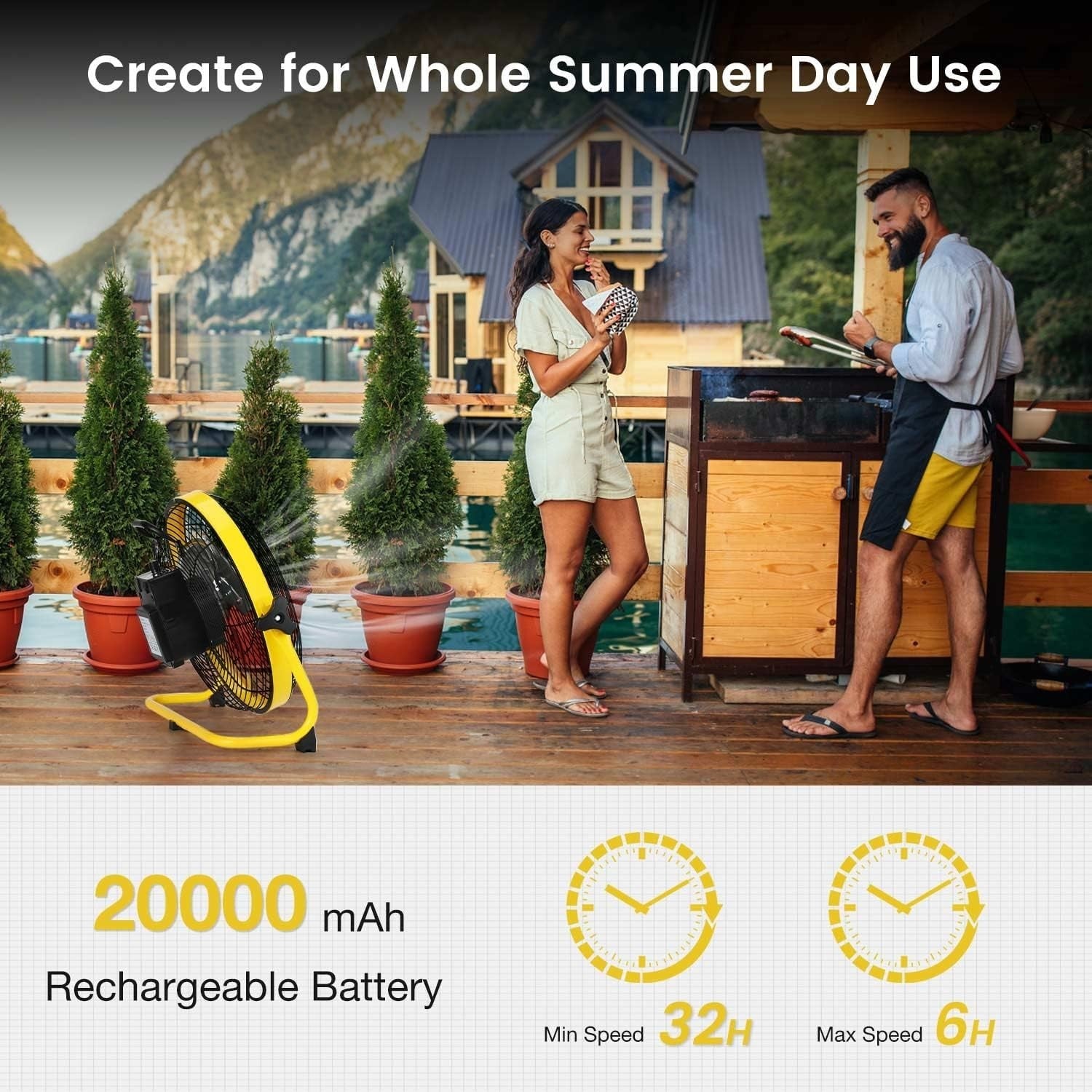 12" Rechargeable Camping Fan – 20000mAh Battery 3 Speeds High-Velocity Airflow