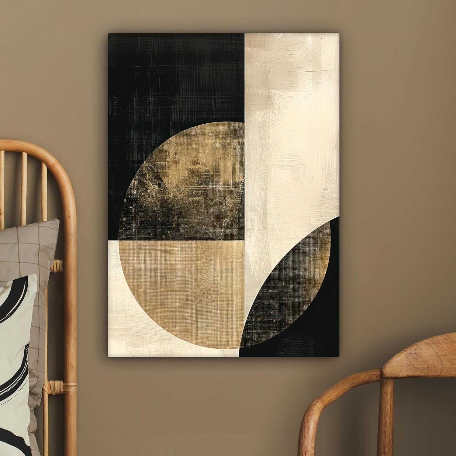 Large Framed Canvas Wall Art 50x70cm Black Gold Abstract Circles
