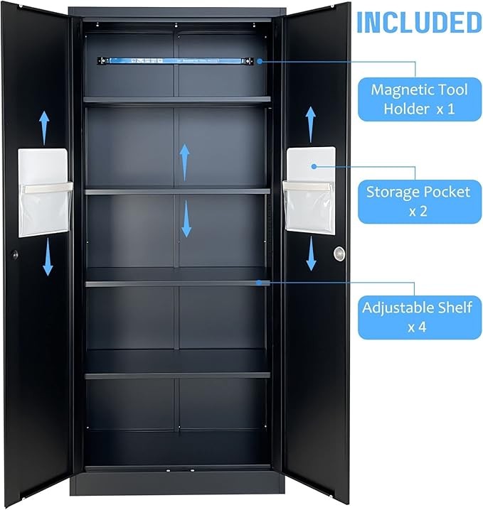 Tall Black Metal Storage Cabinet with Lockable Doors & 4 Adjustable Shelves