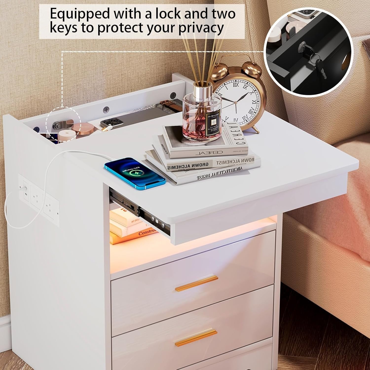 White LED Bedside Table with USB Charging Ports, Lockable Drawers & RGB Lights