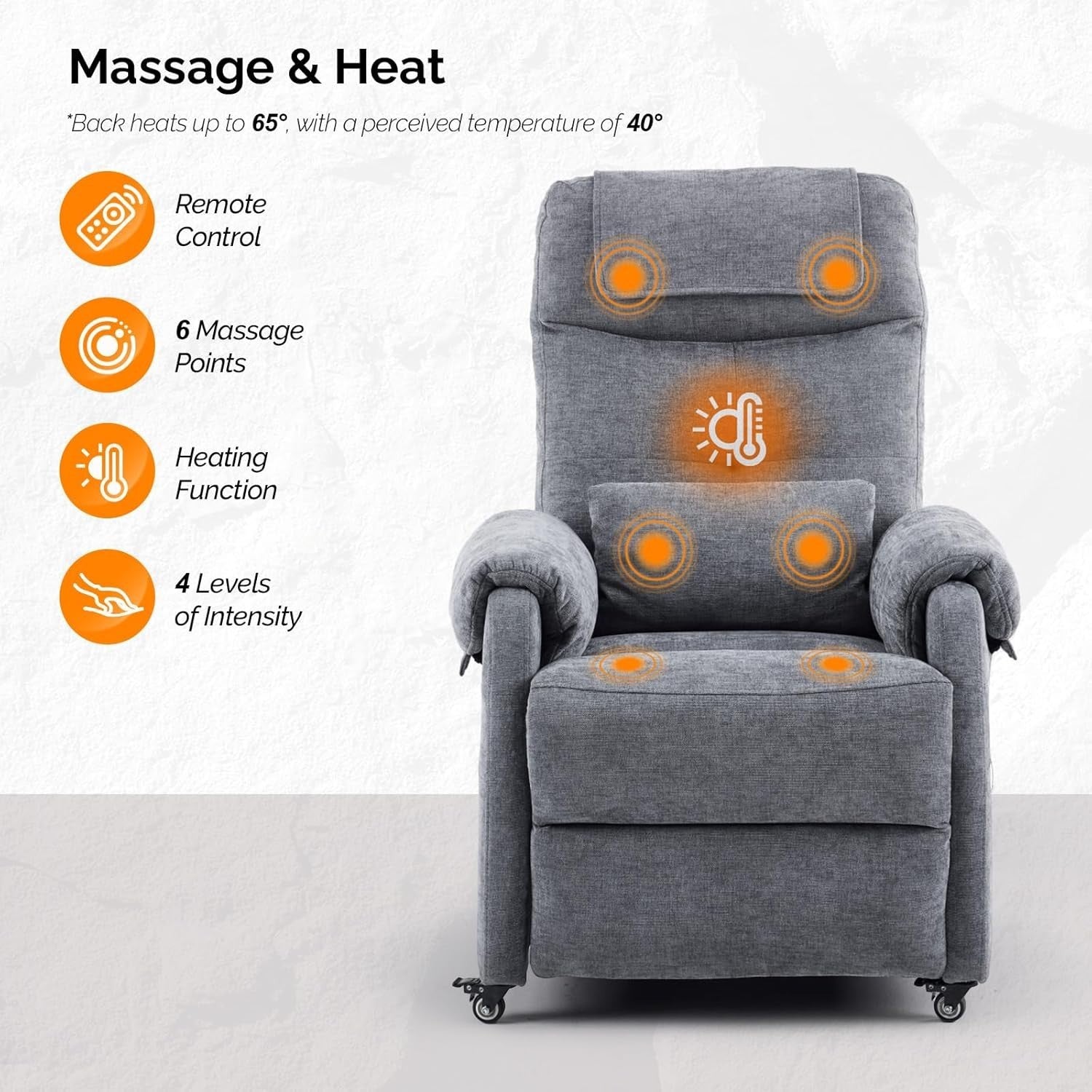 Electric Recliner Chair w/ Wheels Massage Heat High Back Footrest Fabric Grey