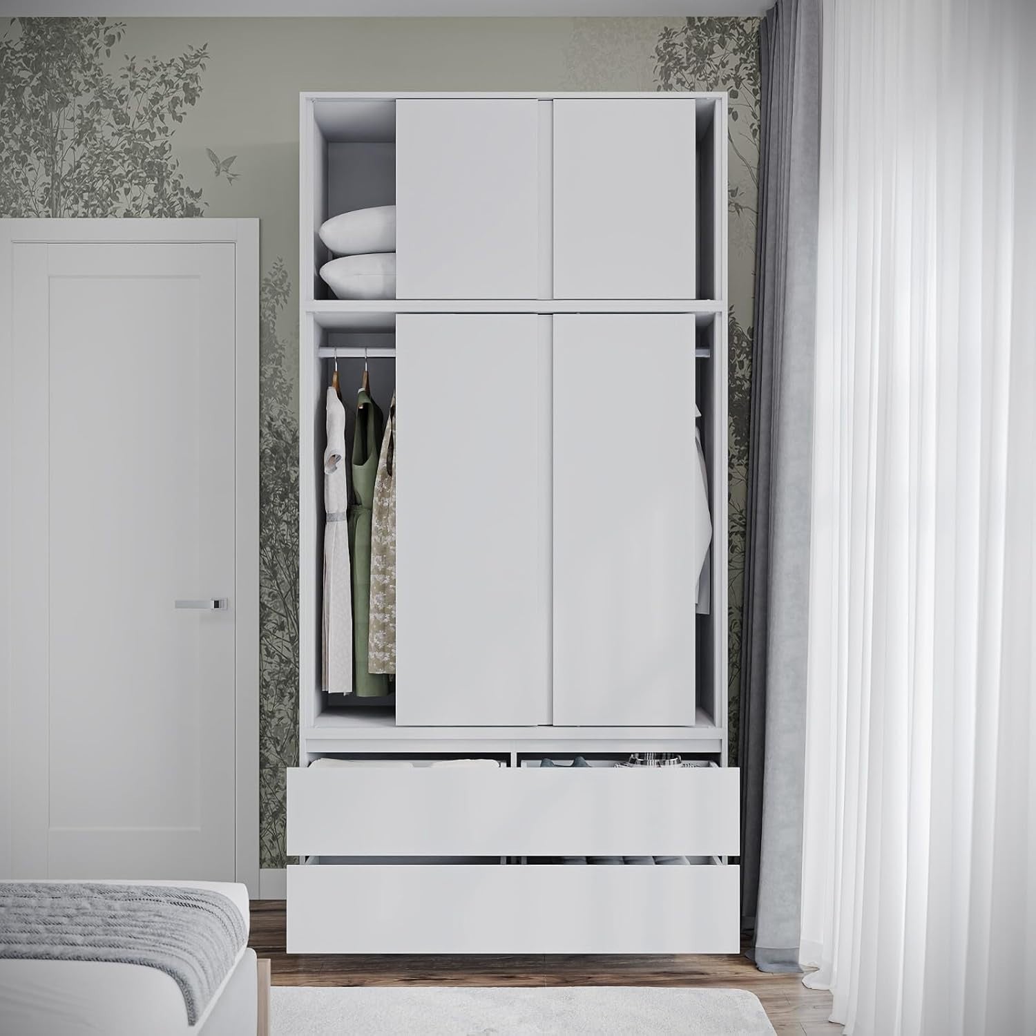 White Sliding Wardrobe 240cm 6 Doors 4 Drawers Bedroom Closet Storage Unit