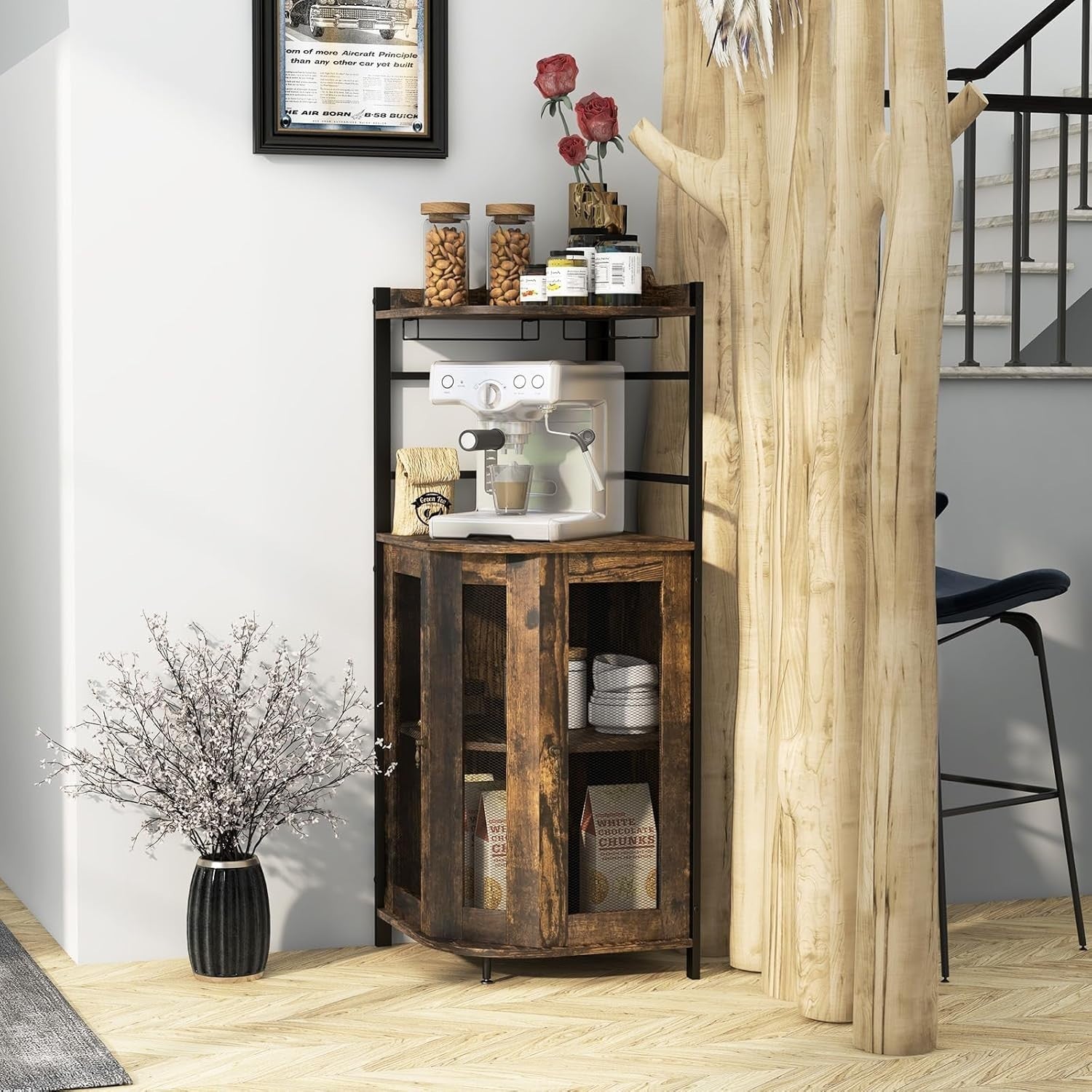 Corner Bar Cabinet Rustic Wine Storage with Glass Holder Mesh Doors