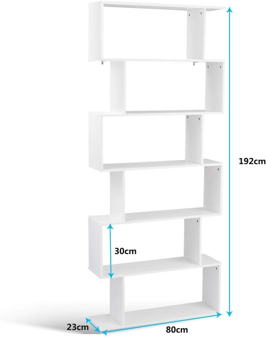 S Shaped 6 Tier Wooden Bookcase Freestanding Display Storage Shelf White