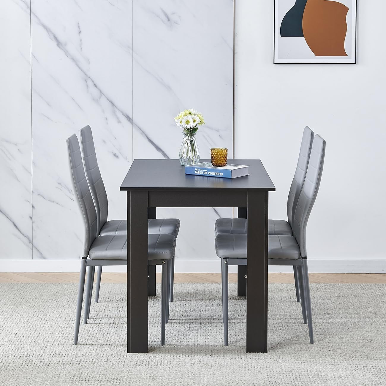 Black Dining Table Set 4 Grey PU Chairs Small Space Kitchen Modern