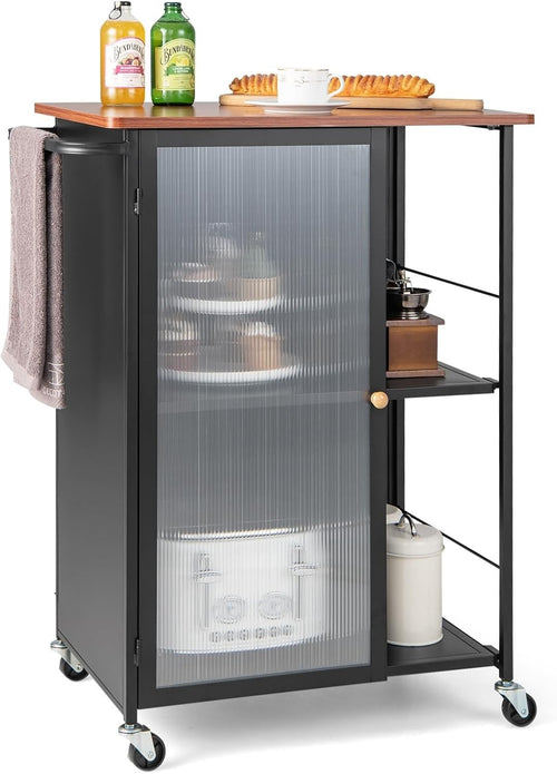 Kitchen Island Trolley with Transparent Cabinet & Lockable Wheels Black