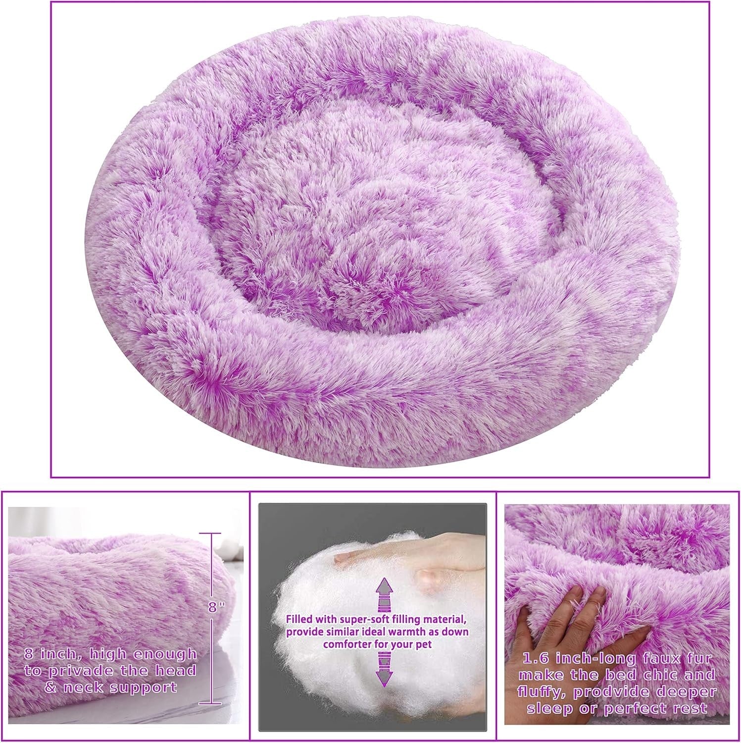 XXL Calming Donut Dog Bed 100cm Anti Anxiety Faux Fur Purple