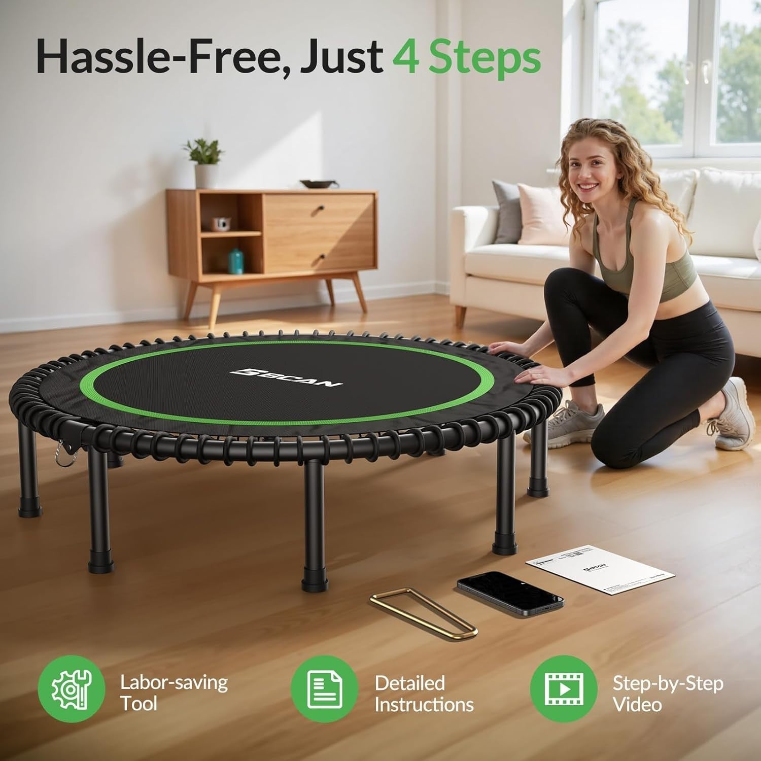 48in Heavy Duty Folding Fitness Rebounder Quiet Bungee Handle