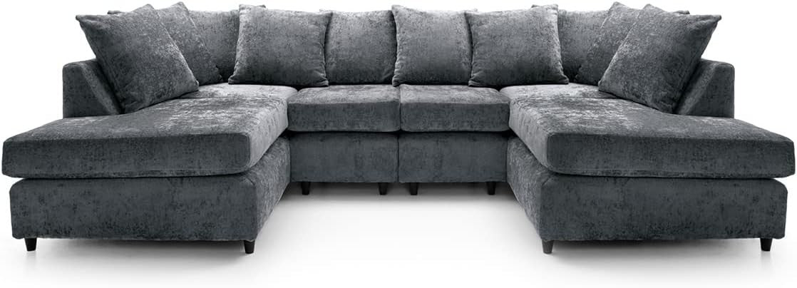 U-Shaped Sofa Dark Grey Chenille w/ Cushions + Footstool | 280x164x90cm Modern