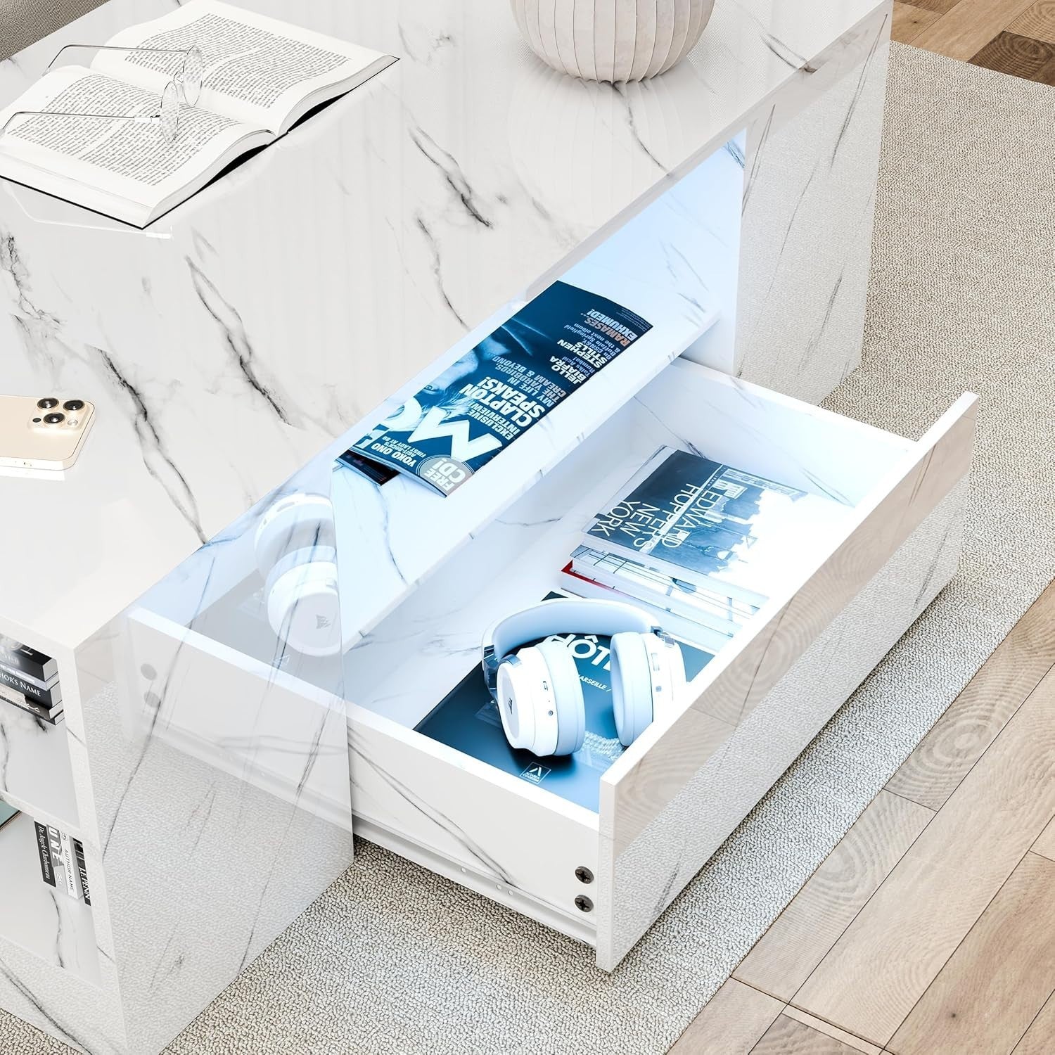 Blisswood LED Coffee Table with 2 Drawers, Open Shelf & High Gloss White Marble