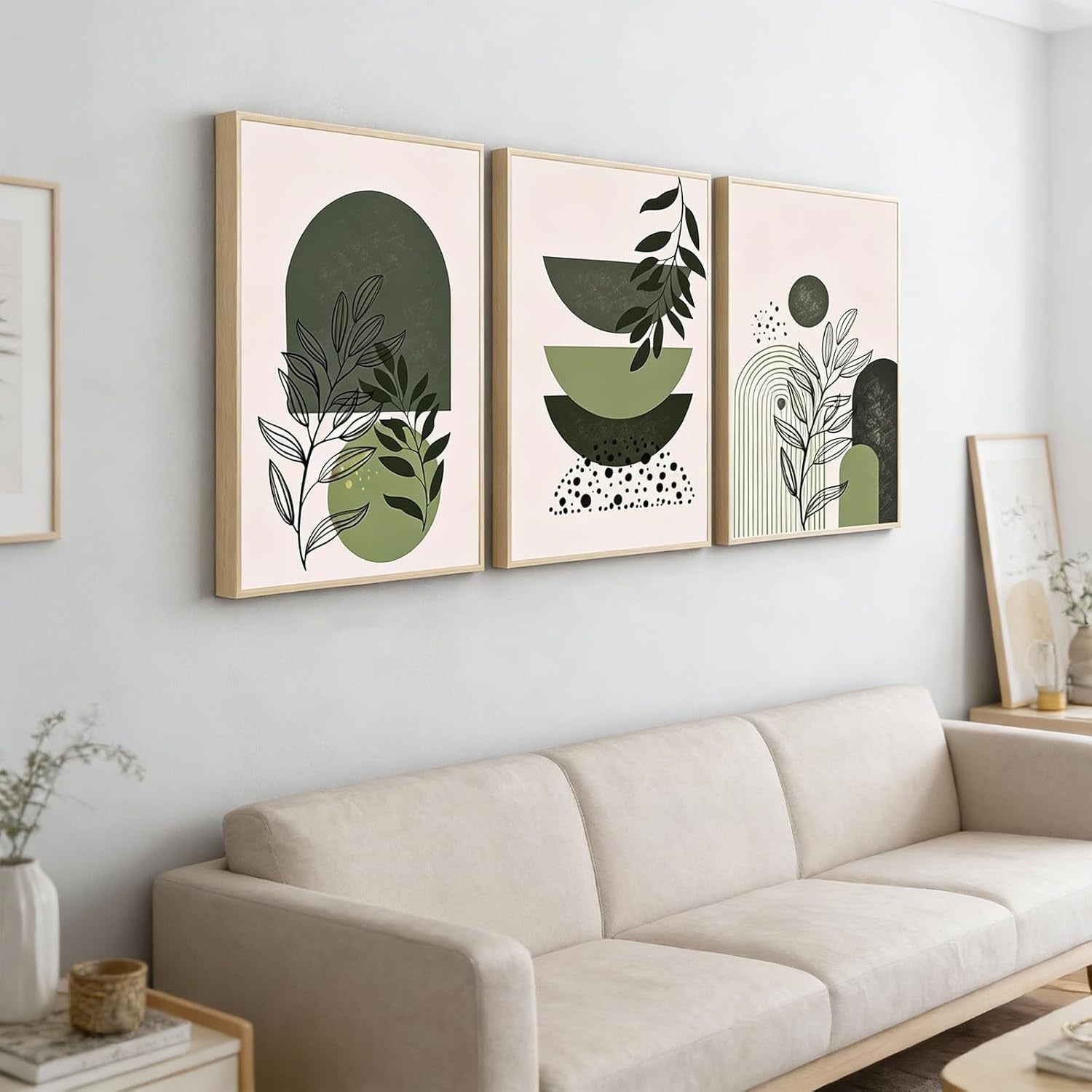 Large Sage Green Abstract Wall Art Set of 3 Framed Prints 16x24 Boho Decor