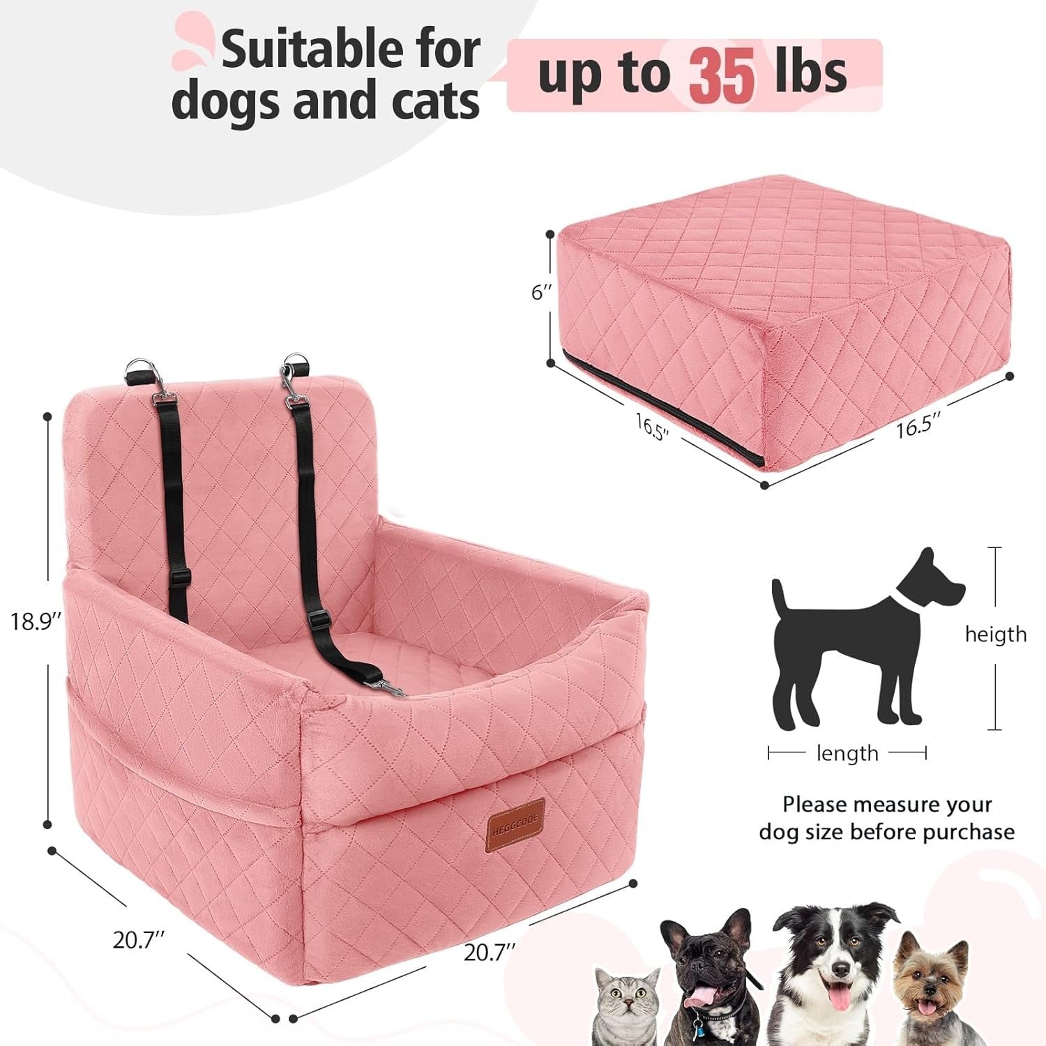 Pink Dog Booster Car Seat Memory Foam Travel Bed 2 Safety Belts