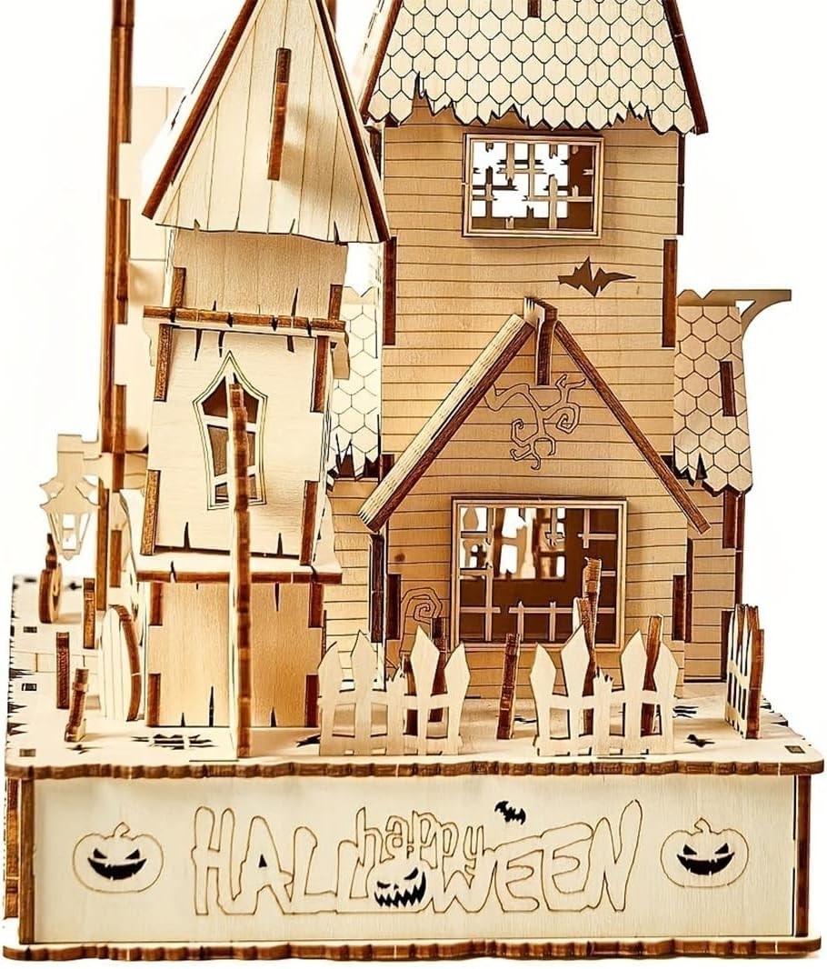3D Wooden Halloween House Puzzle w/ LED Light | DIY Craft Kit Adults