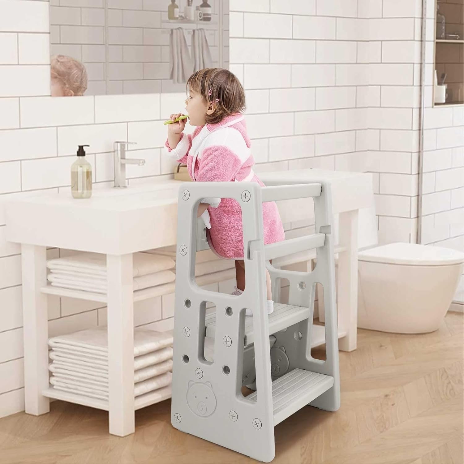 Adjustable Kids Step Stool with Safety Rail, Non-Toxic Durable Kitchen Helper