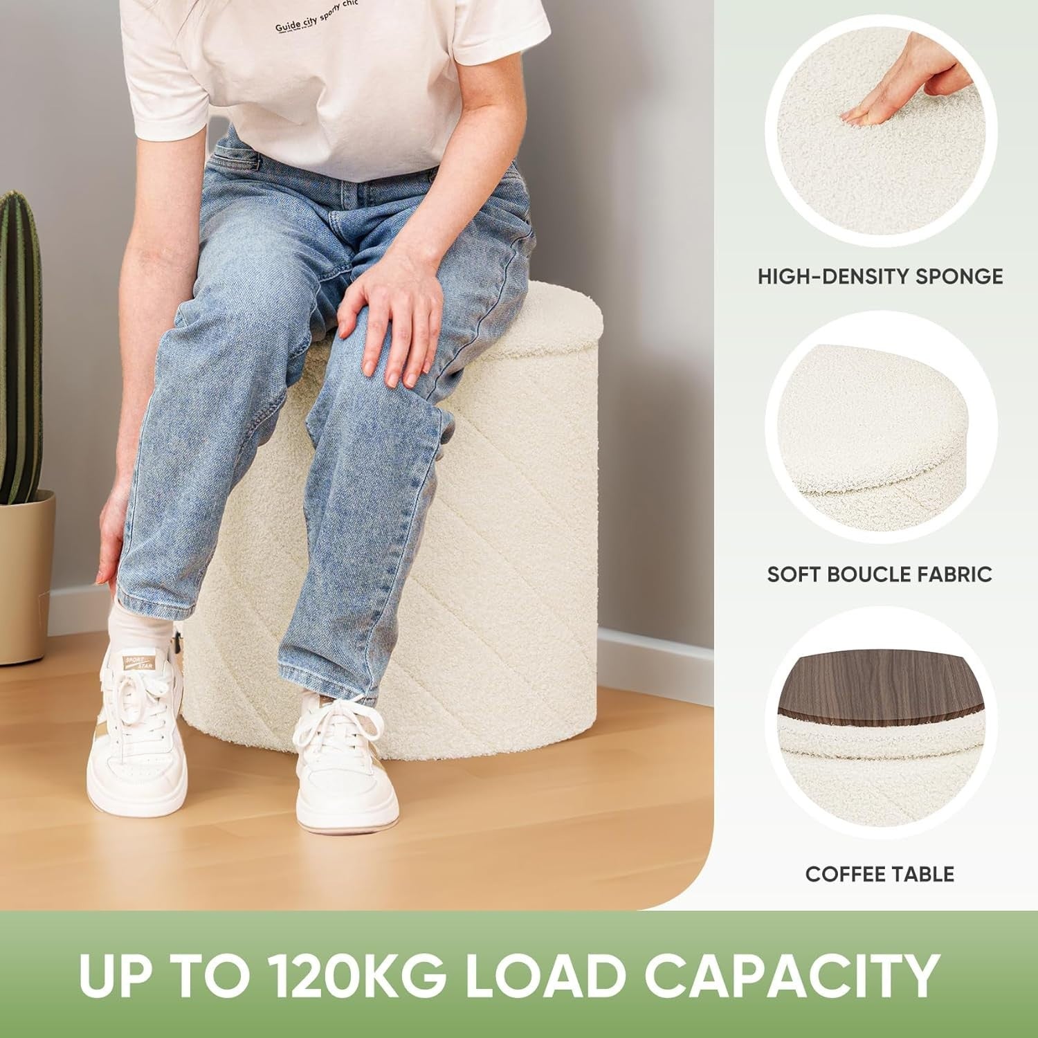 White Boucle Storage Ottoman Round Folding Stool with Tray-Top Footrest