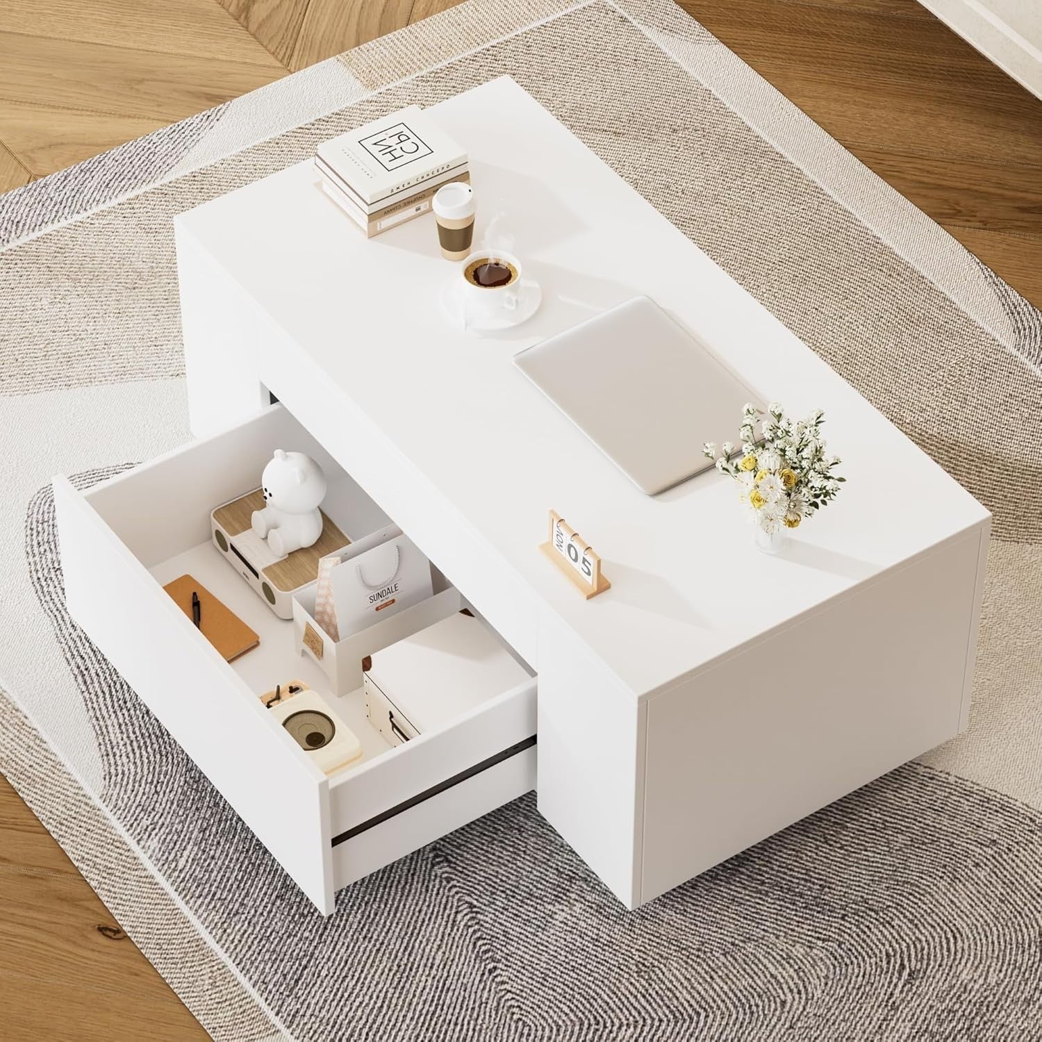 White Coffee Table with Hidden Storage Drawer – Modern 98x50cm Living Room