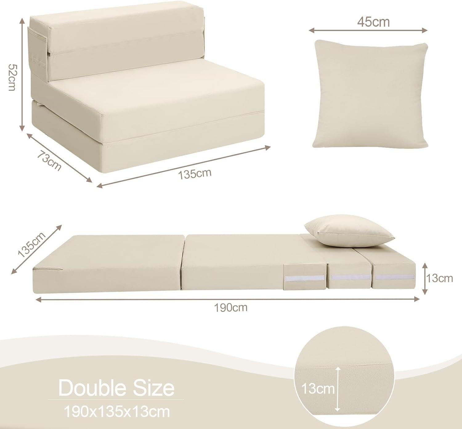 Double Fold Out Sofa Bed Chair Futon Guest Mattress Z Bed 13cm Thick