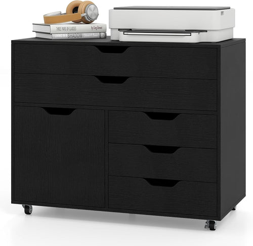 Black Mobile File Cabinet 5 Drawer Side Cupboard Rolling Printer Stand