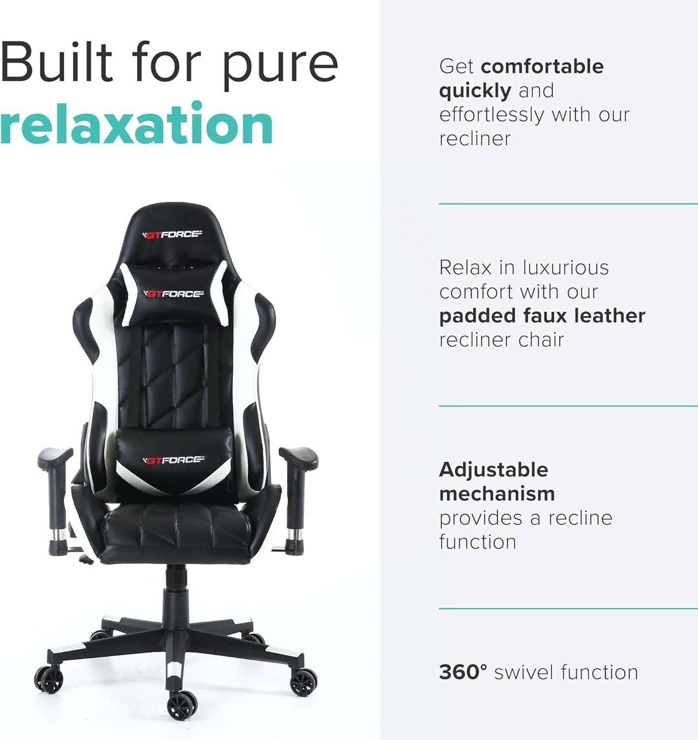 Recliner Office Gaming Chair Faux Leather Swivel High Back White