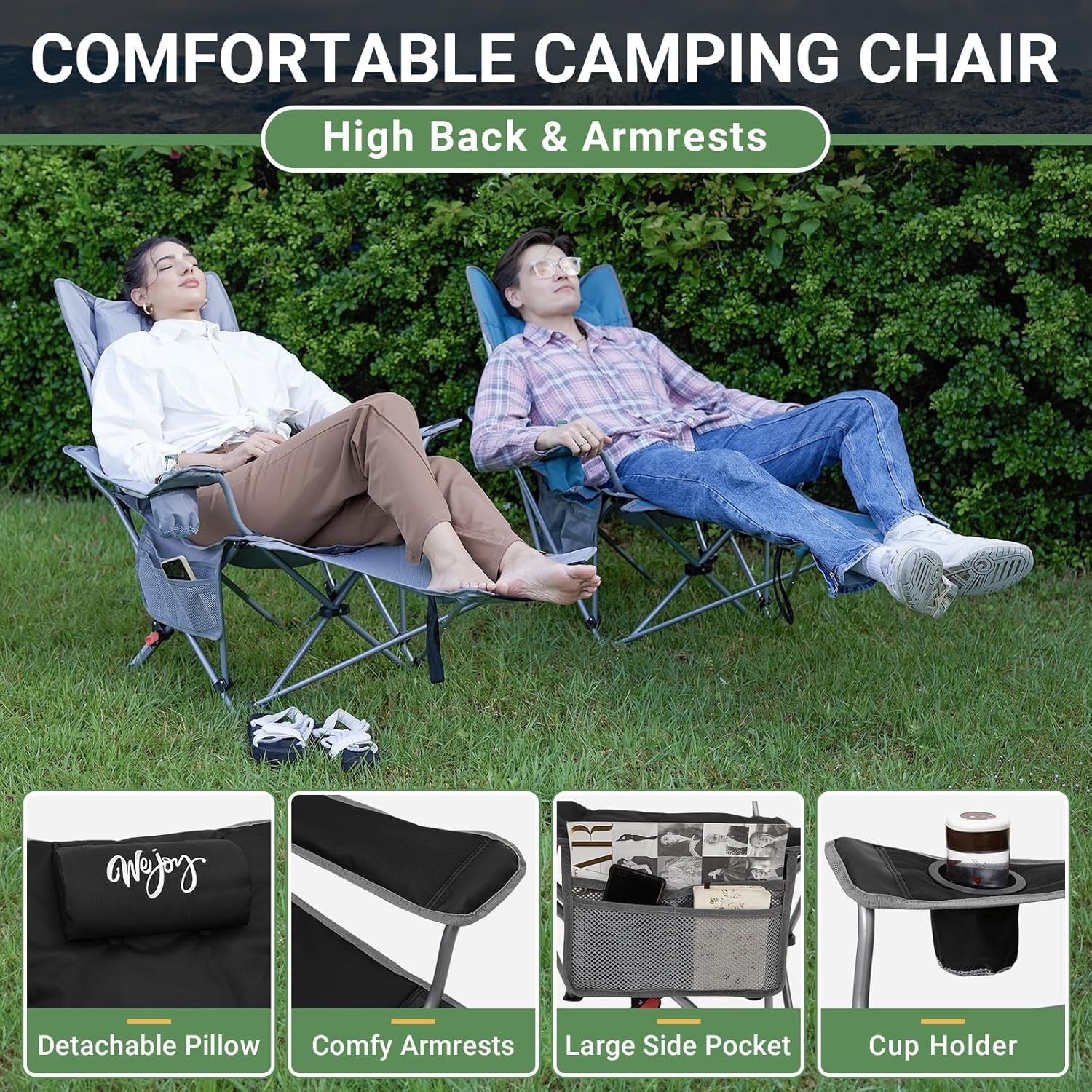 2x Padded Reclining Folding Camping Chairs Footrest Cup Holder Black