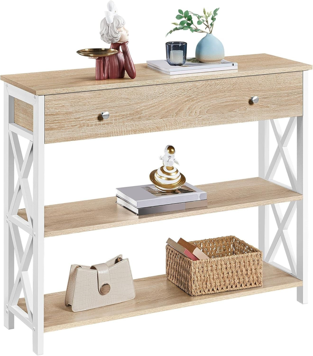 Sturdy Industrial Console Table with Drawer & Shelves, 100x29.5x81cm, Light Oak