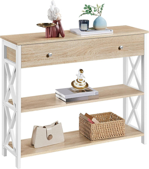 Sturdy Industrial Console Table with Drawer & Shelves, 100x29.5x81cm, Light Oak