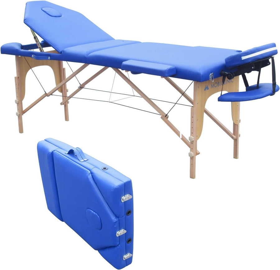Portable Wooden Massage Table 3-Section Adjustable Therapy Beauty Bed Blue