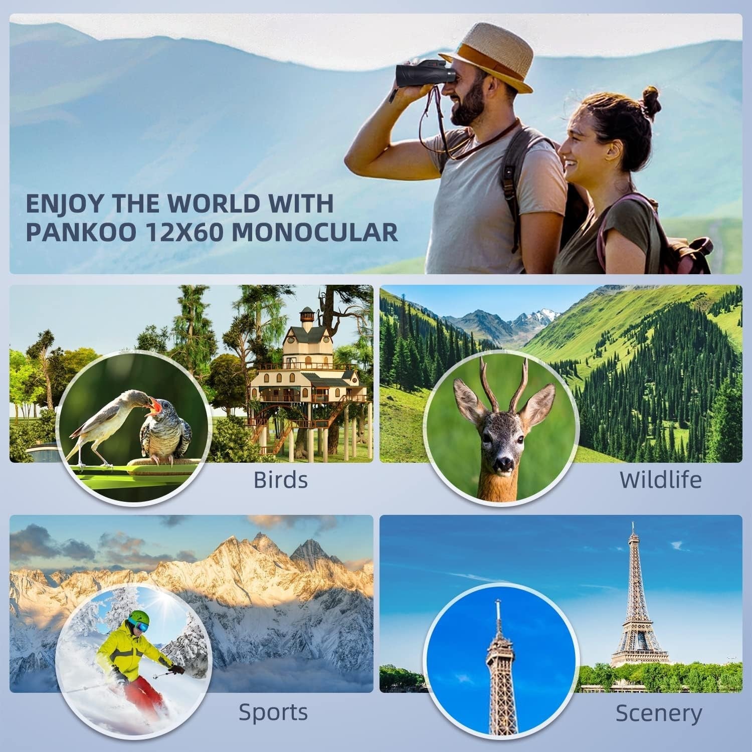 12x60 HD Monocular Telescope Black with Tripod Smartphone Adapter Outdoor