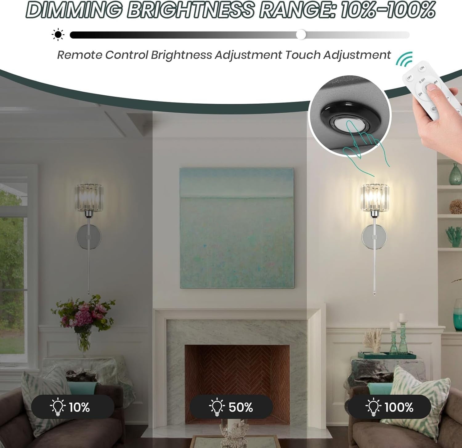 Silver Crystal Wall Sconces Set of 2 Wireless 10000mAh Lights with Remote