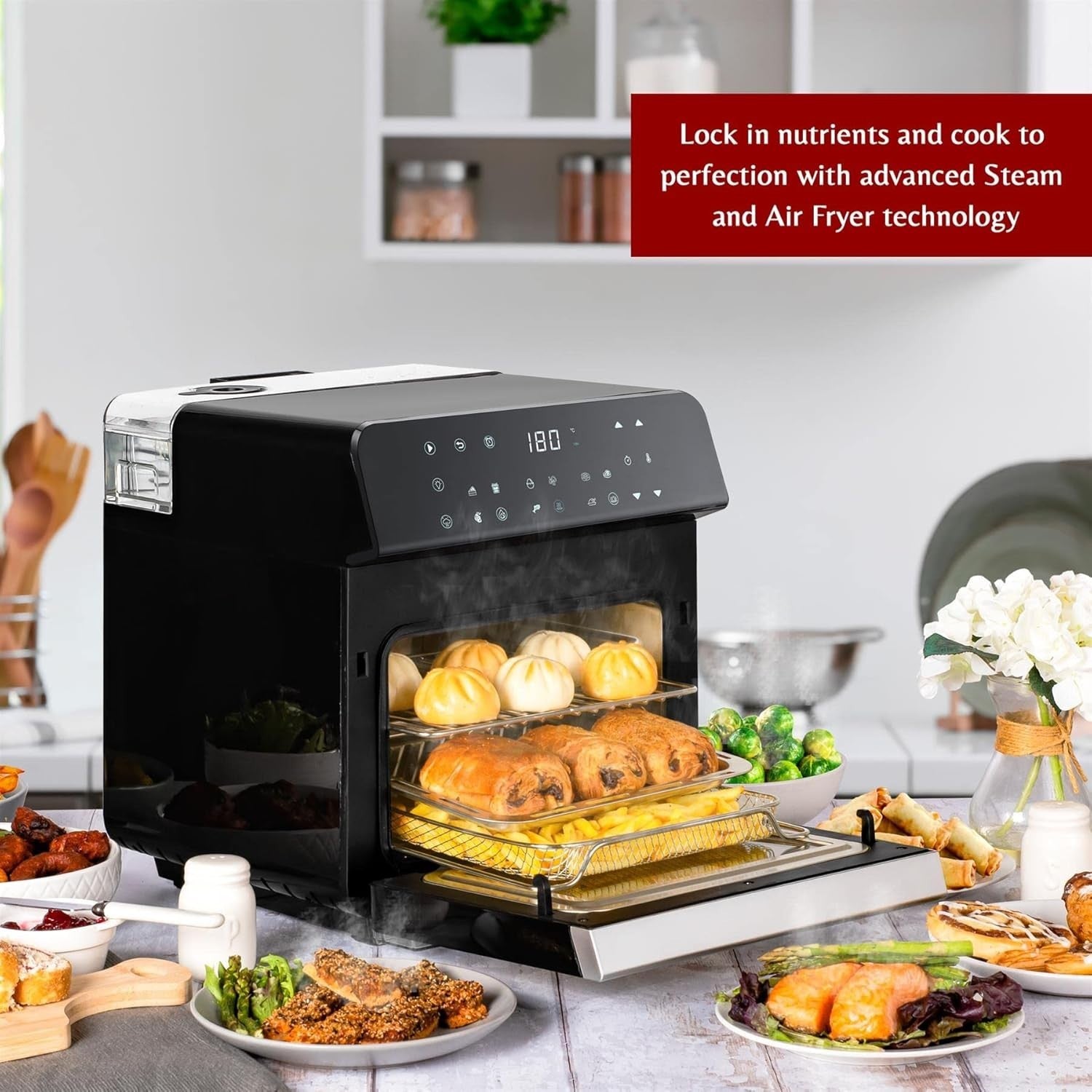 11L Steam Air Fryer Oven 9 Presets Touch LED 1150ml Water Tank No PFOA