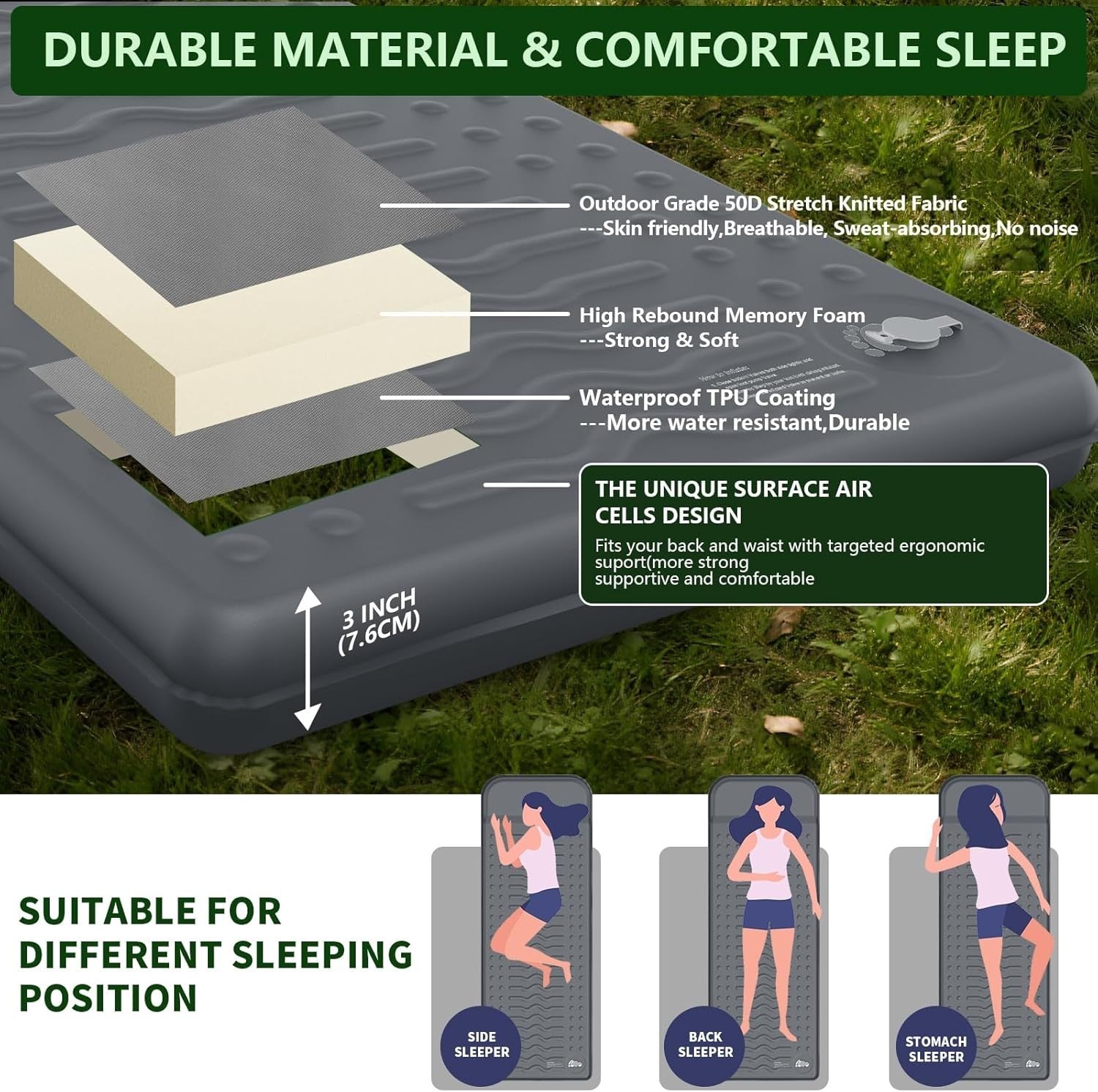 Memory Foam Sleeping Pad 195x70.5x7.6cm Inflatable Camping Mat