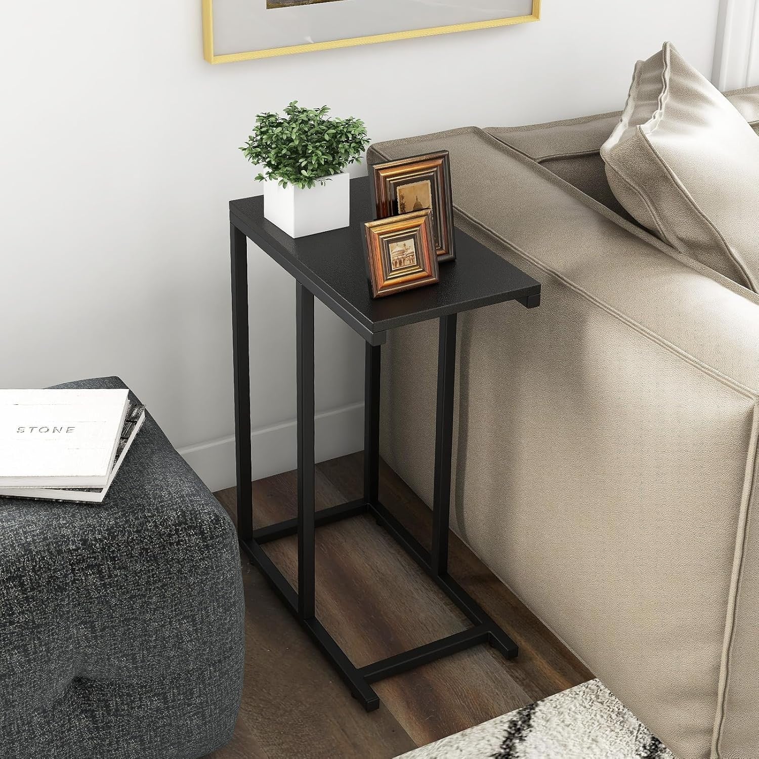 C-Shaped Side Table Black | Industrial Sofa Snack Laptop Table for Small Spaces