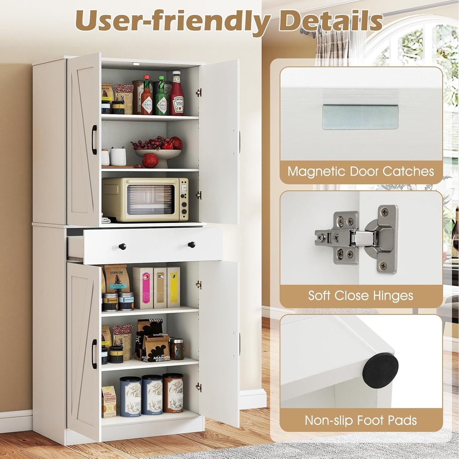 183cm Tall Kitchen Cupboard White 6-Tier Adjustable Shelves Drawer Storage