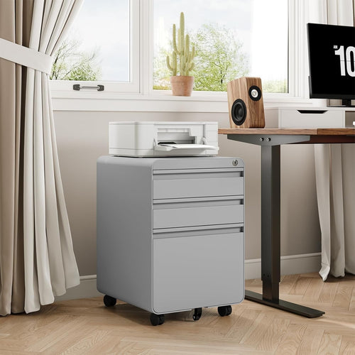 Grey Lockable Metal Filing Cabinet 3 Drawer A4 Anti Tilt on Wheels