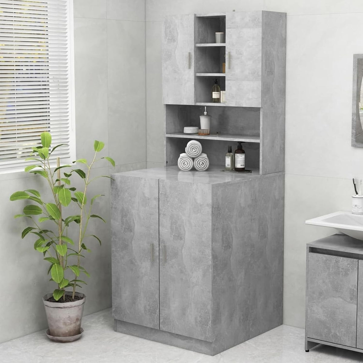 Concrete Grey Washing Machine Cabinet Tall Laundry Storage Unit with Shelves & D