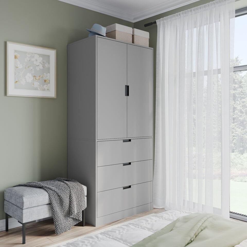 Modern Grey 2 Door 3 Drawer Wardrobe with Rail & Shelf 180cm Storage