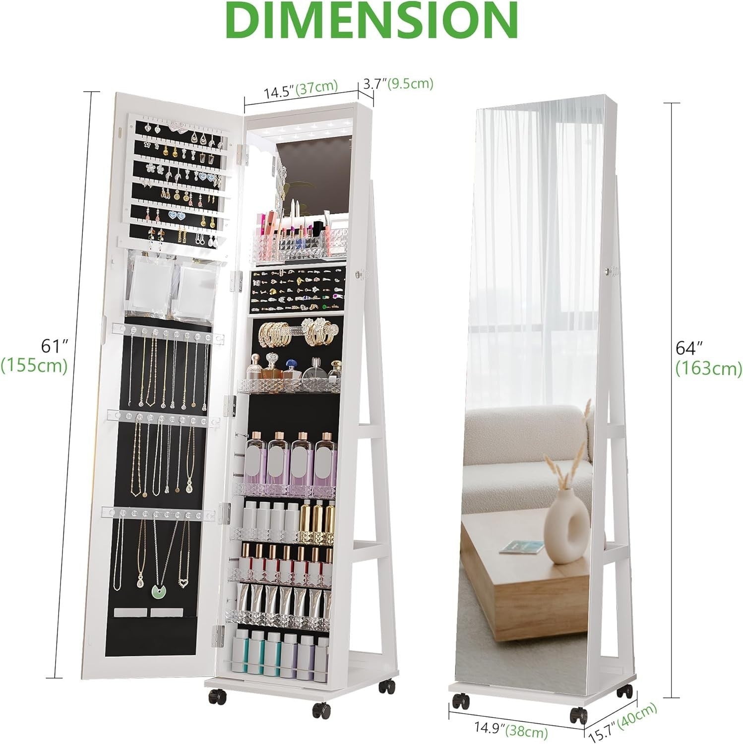 White 360° Swivel LED Jewelry Cabinet Mirror Lockable Rolling Organizer