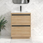 600mm Oak Floor Standing Vanity Unit with Basin Sink 2 Drawer Bathroom Cabinet