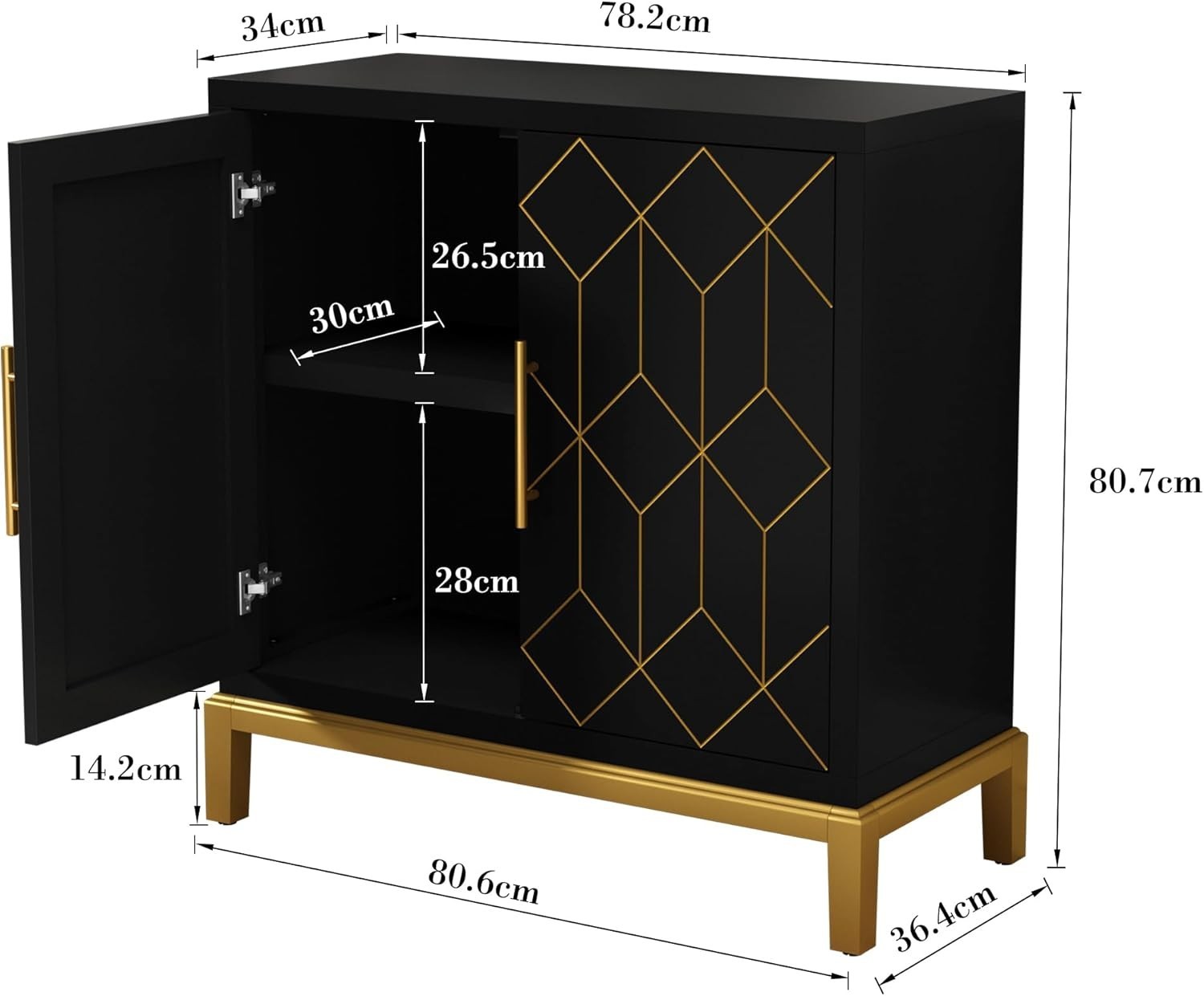 Modern Black Sideboard Cabinet Gold Legs 2 Door Storage Unit Hallway